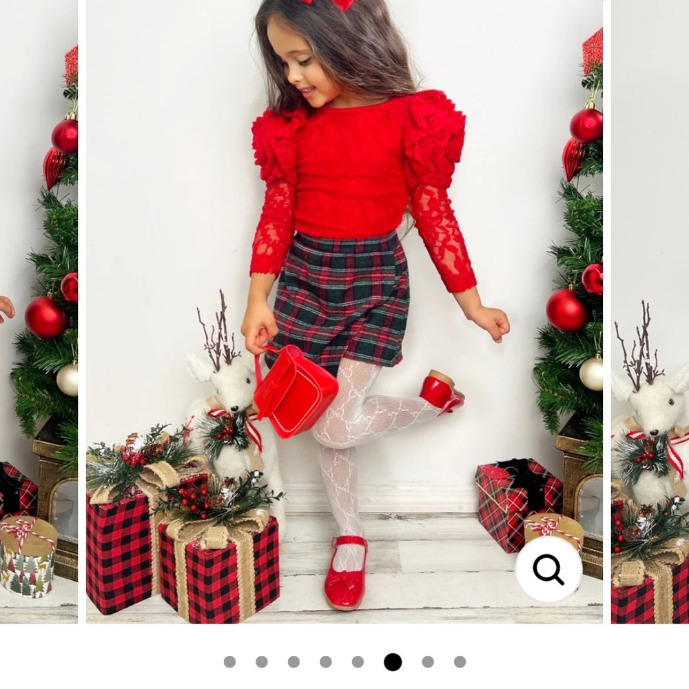 Festive Red Lace Top and Plaid Skirt Outfit